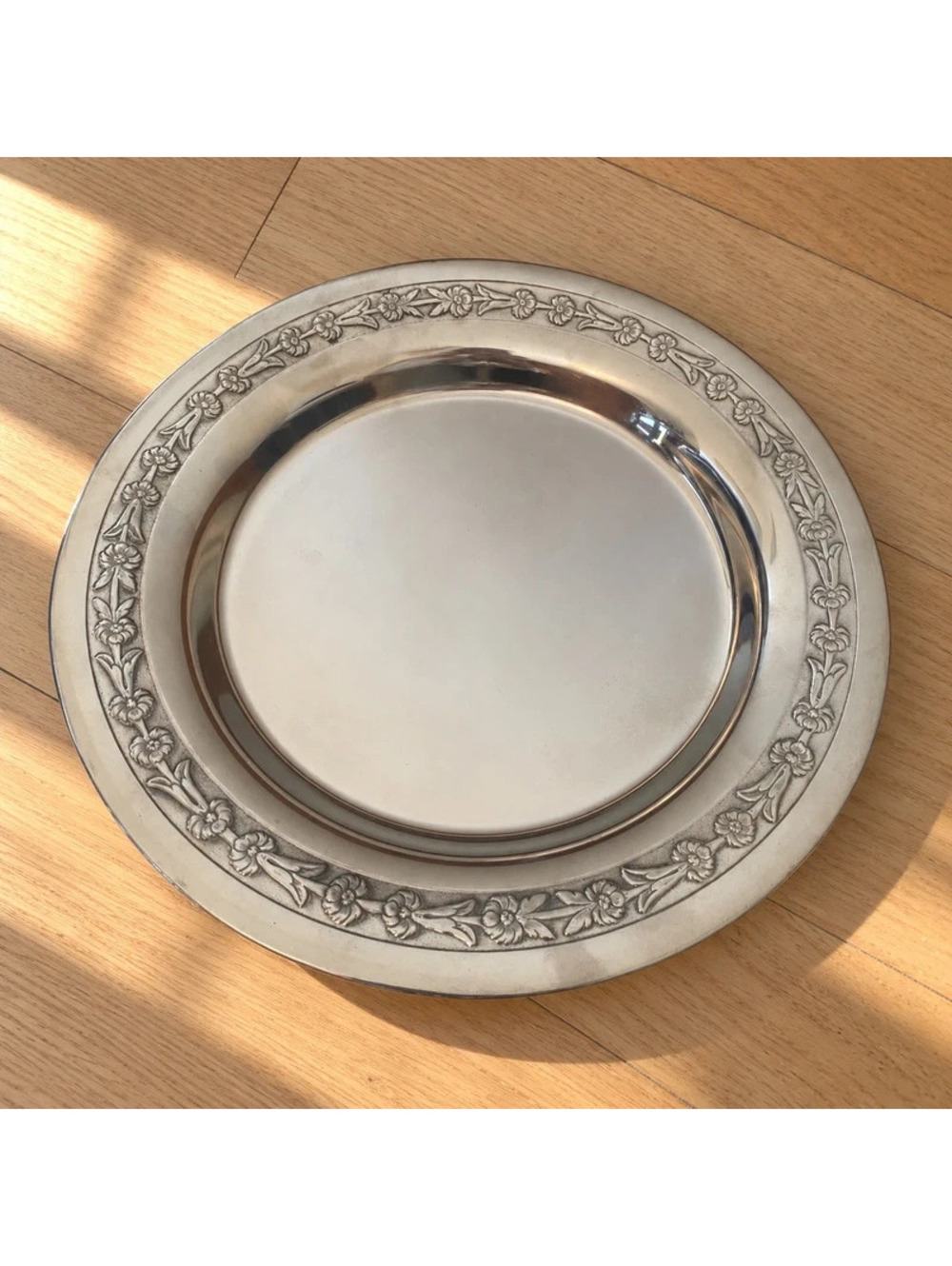 Italian Inox 18/10 Stainless Steel Round Serving Tray Floral Rim Made Italy
